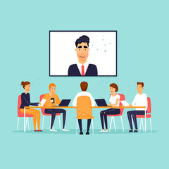 Online business meeting. Flat design vector illustration.