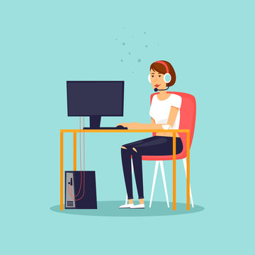 Support girl sitting at the desk working at the computer. Flat design vector illustration.