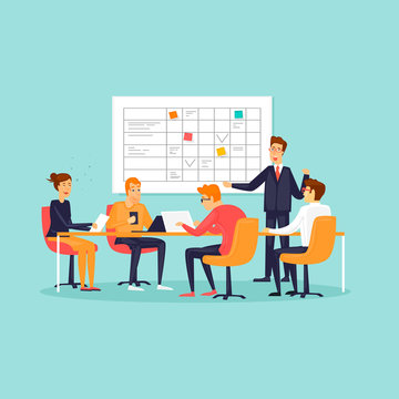 Teamwork, office, workplace, characters, business, planning board. Flat design vector illustration.