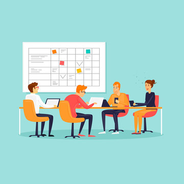 Teamwork, office, workplace, characters, business, planning board. Flat design vector illustration.