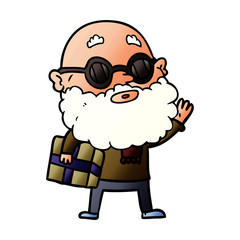 cartoon curious man with beard sunglasses and present