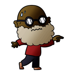 cartoon worried man with beard and spectacles pointing finger