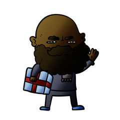 cartoon man with beard frowning with xmas gift