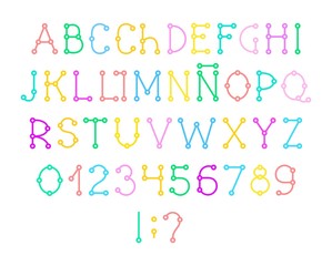 Spanish alphabet, font, Layout, color, vector. Capital letters and numbers Spanish alphabet. Vector font. Scheme. Connection. Colored letters on a white background. 