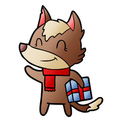 friendly cartoon wolf with present