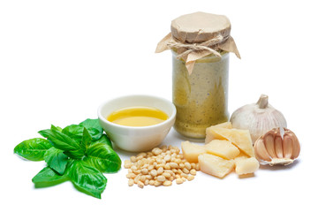 ingredients for traditional italian sauce pesto isolated on white background