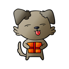 cartoon dog with christmas present