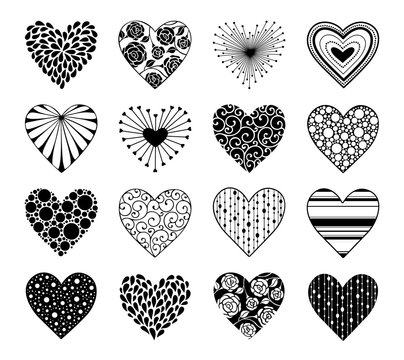 Decorative hearts with ornament isolated on white background. Design elements collection for Valentines Day.