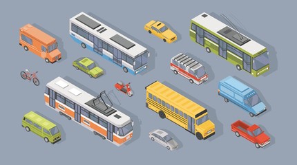 Collection of isometric motor vehicles isolated on gray background - car, scooter, bus, tram, trolleybus, minivan, bicycle, pickup truck. Set of automobile transport. Colorful vector illustration.