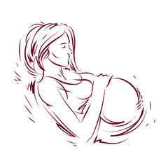 Pregnant female body shape hand drawn vector illustration, beautiful lady gently touching her belly. Love and tenderness concept.