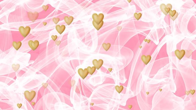 Wedding background, waving white veil on pink background, golden heart appearing and disappearing