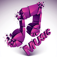 3d vector magenta demolished musical notes, music word. Dimensional groove design element with refractions, explosion effect.