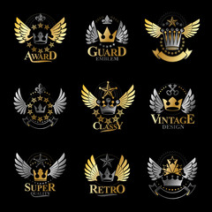 Ancient Crowns emblems set. Heraldic vector design elements collection. Retro style label, heraldry logo.