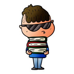 Obraz na płótnie Canvas cartoon boy wearing sunglasses with stack of books
