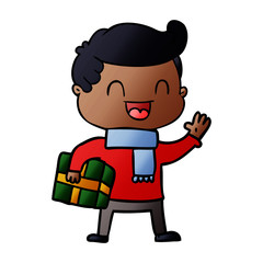 cartoon laughing man holding gift