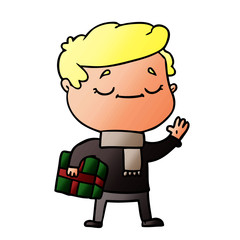 cartoon man carrying christmas present waving