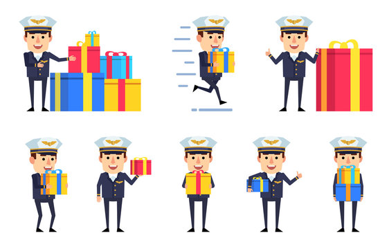 Set of handsome airline pilot characters posing with gift boxes. Cheerful pilot holding present, running, celebrating birthday and showing other actions. Flat style vector illustration