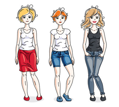 Attractive young women posing wearing casual clothes. Vector diversity people illustrations set.