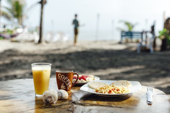 Breakfast served in a table close to the Caribbean sea 