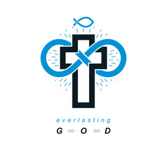 Obraz premium Immortal God conceptual logo design combined with infinity loop sign and Christian Cross, vector creative symbol.
