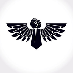 Vector symbol made using raised arm of muscular male and eagle wings. Freedom for the personality can be used as tattoo.