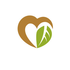 Vector illustration of loving heart decorated with green leaves. Phytotherapy metaphor, vector graphic emblem.