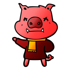 angry cartoon pig in winter clothes