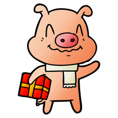 nervous cartoon pig with present