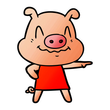 nervous cartoon pig wearing dress