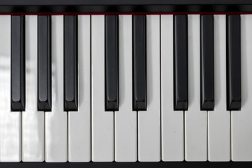 Simple and clean piano keys, one octave, music closeup, space for text on black background