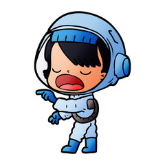 cartoon astronaut woman pointing and talking