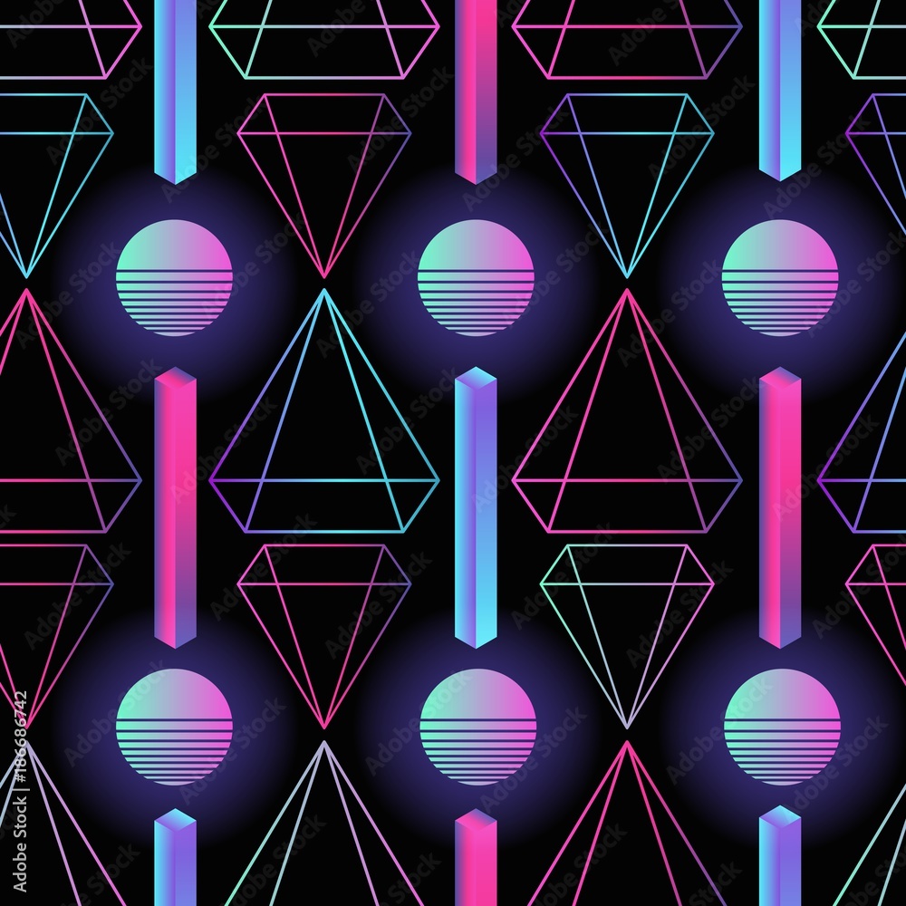 Poster Stylish retro futuristic seamless pattern with gradient colored circles, stripes and polygons on black background. Vector illustration in 1980s style for wrapping paper, backdrop, textile print.