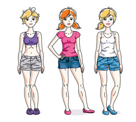 Attractive young women group standing in stylish casual clothes. Vector people illustrations set.