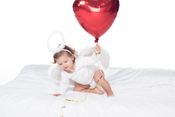 little angel with wings and nimbus holding heart balloon, isolated on white