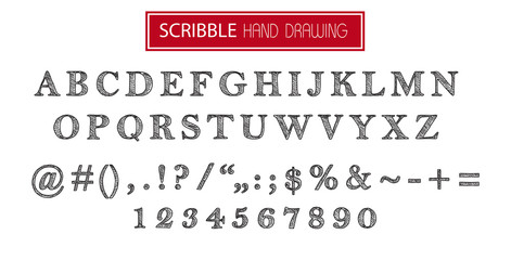 Hand drawn scribble black font isolated on white. Vector alphabet with numbers. Set of pencil drawing letters.