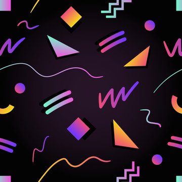 Retro futuristic seamless pattern with gradient colored squares, triangles, circles, zigzag and curved lines on black background