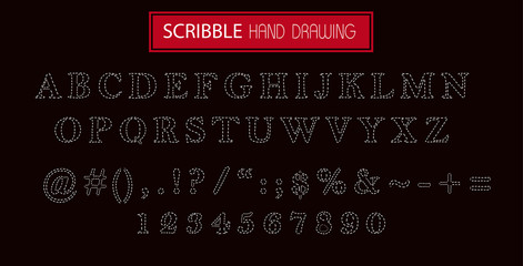 Fototapeta premium Hand drawn scribble white font isolated on black. Vector alphabet with numbers. Set of pencil drawing letters.