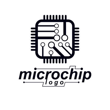 Vector microchip design, cpu. Information communication technology element, circuit board in square shape. Microprocessor scheme abstract logo.