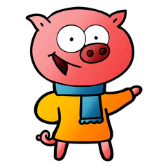 cheerful pig wearing winter clothes cartoon