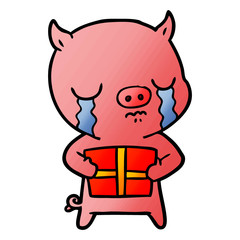 cartoon pig crying over christmas present