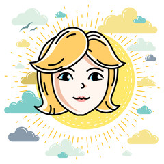 Beautiful women face, human head. Vector character, attractive blonde lady face features.