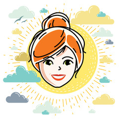 Vector illustration of beautiful red-haired female face, positive face features, clipart.