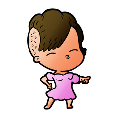 cartoon squinting girl pointing