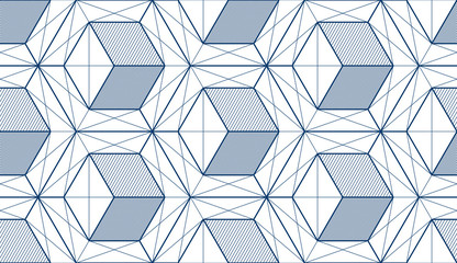 Geometric cubes abstract seamless pattern, 3d vector background. Technology style engineering line drawing endless illustration. Single color, black and white. 
