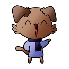 happy little cartoon dog in winter clothes