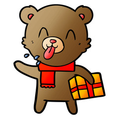 rude cartoon bear with present