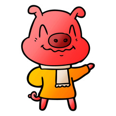 nervous cartoon pig wearing scarf