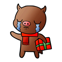 cartoon pig crying over christmas present