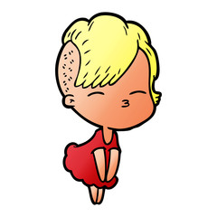 cartoon squinting girl in dress