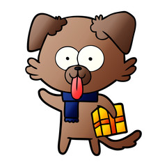 cartoon dog with christmas present